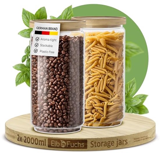 Labina Glazen voorraadpotten met houten deksel, 1000 ml glazen container, potten, brede hals, bewaarpot met deksels, luchtdicht bewaarglas met deksel voor suiker, koekjes, spaghetti