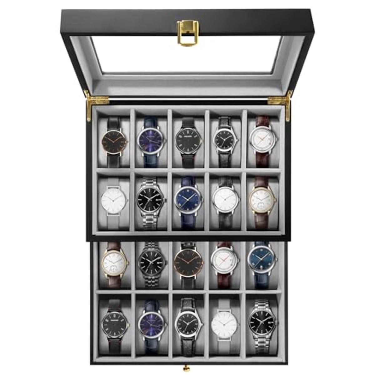 Horlogedoos voor 20 horloges met glazen deksel en 2 lagen