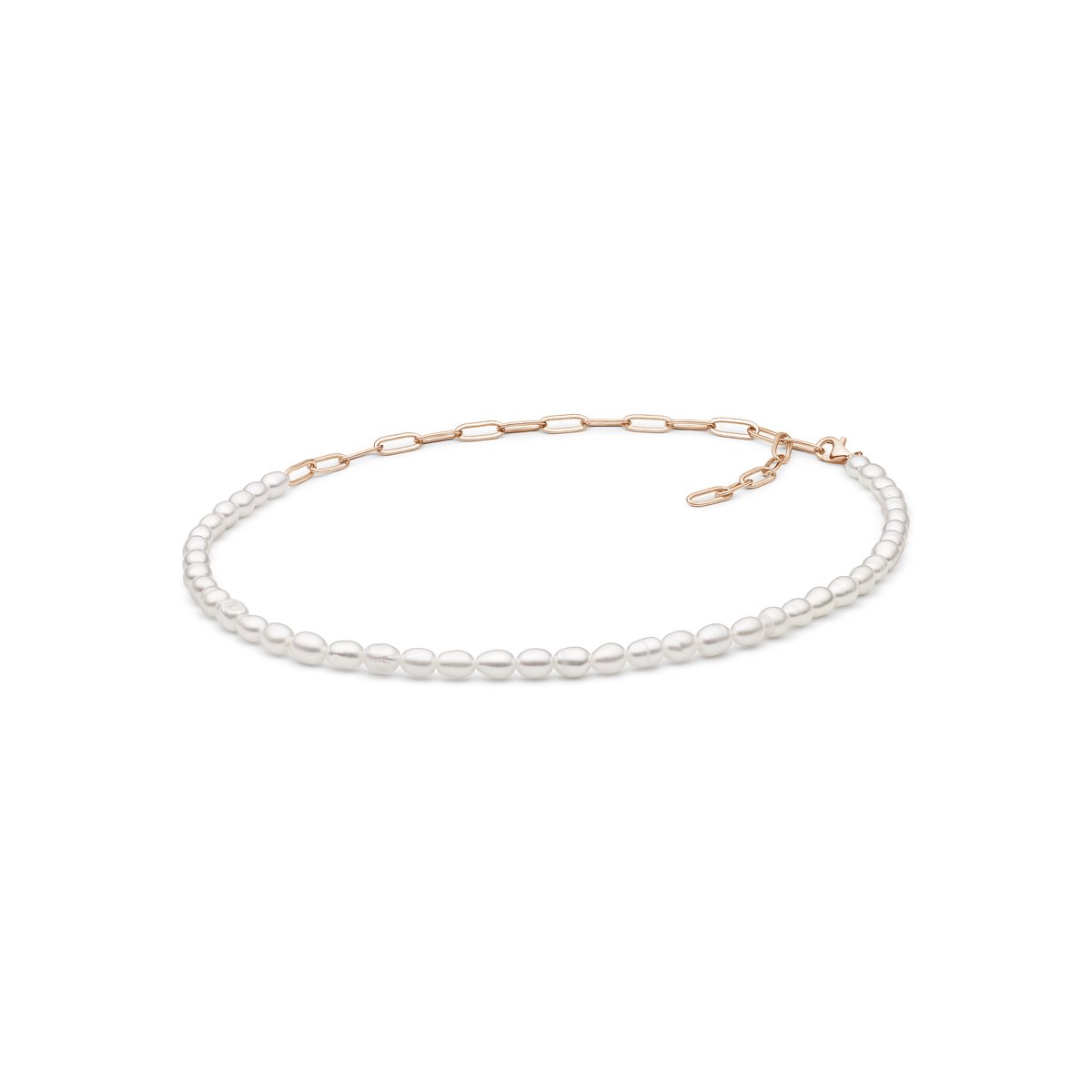 Gaura - Parelcollier met rijstvormige parels – Lengte 42 cm – Diameter 4,5–5 mm – Zilver met roségoud vergulde ketting en sluiting
