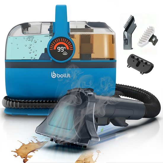 BOLLIT 4-in-1 Tapijtreiniger XL 1800W Ultra - Stoomreiniger en Vlekkenreiniger - 100° Stoom - Bankreiniger - Meubelreiniger - Handstomer - Matrasreiniger - Zetelreiniger - Reiniger voor auto, bank, vloer, en tapijt (V6 Azure Blauw)