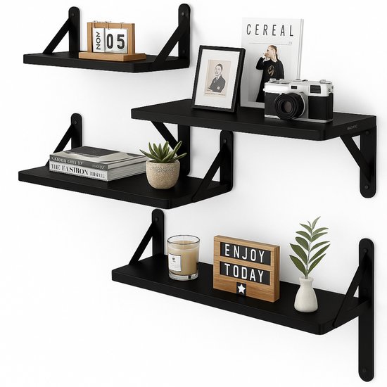 BOTC Zwevende Wandplank - 4 Laags - Boekenplanken - Industrieel - Hout - Zwart