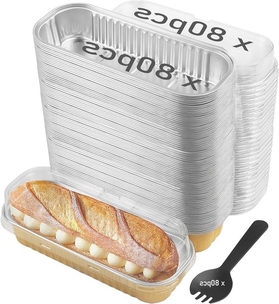 HAKZEON 80 Set 240 STKS Mini Aluminiumfolie Brood Pannen met Deksels Accessoires, 6oz 200ml Rechthoekige Brood Folie Tin Liners, Aluminiumfolie Brood Container voor Bakken Brownie Cake Brood, Goud