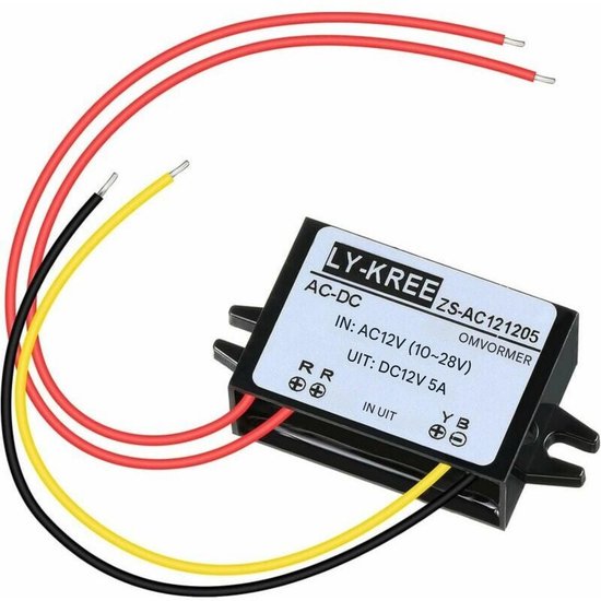 Convertisseur AC-DC noir avec fils rouge, jaune et noir. Étiquette avec "LY-KREE ZS-AC121205 AC-DC IN: AC12V (10-28V) OUT: DC12V 5A".