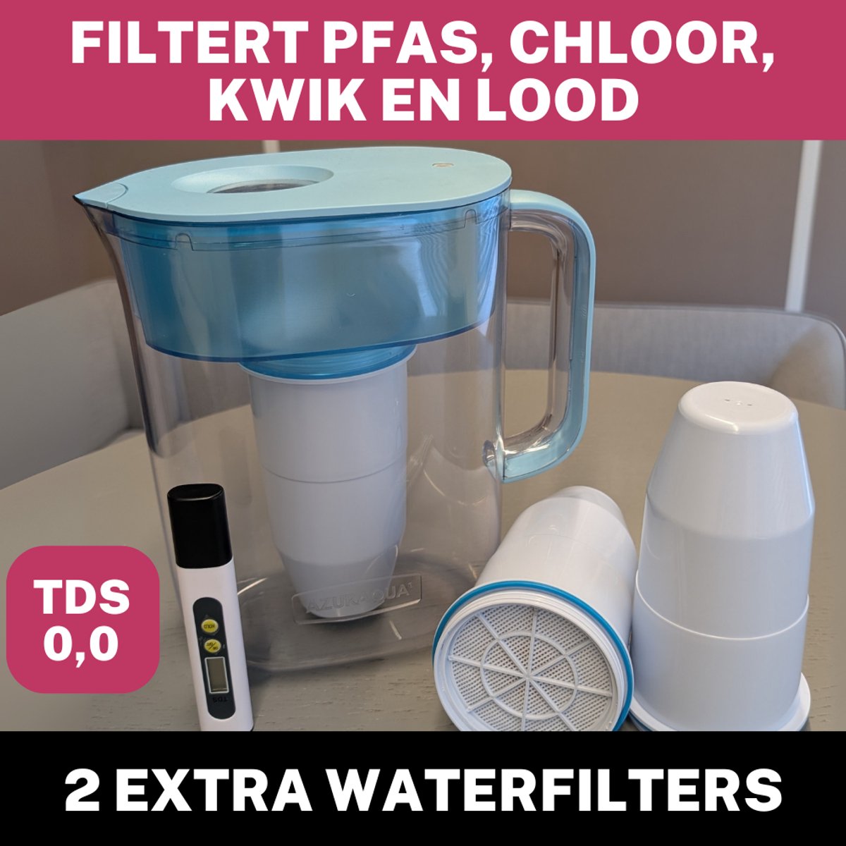 AzurAqua Waterfilterkan met Twee extra Filters | Totaal drie filters | Inclusief TDS Meter | Filtert PFAS, Lood, Chloor en Kwik uit Kraanwater | TDS 0,0 door Unieke Multistage Filter