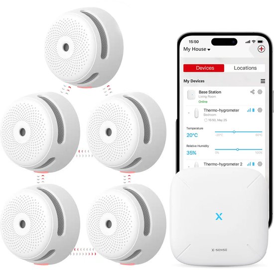 X-Sense Link+ Pro Slimme Rookmelder bundel - 5 XS01-M Rookmelders en SBS50 Base Station - Werkt via app - WiFi gateway - Draadloos RF koppelbaar - Brandalarm - Smart home