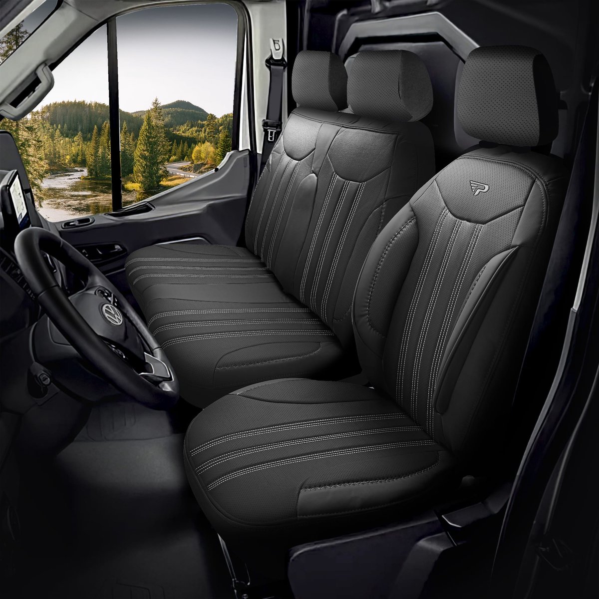 Stoelhoezen Volkswagen Transporter T7 2024 – heden – Atlanta zwart – perfecte pasvorm (1 plus 2 stoelen) – Perfect Fit – hoogwaardig skai leer – inclusief hoofdsteun- en armsteunhoezen – duurzame autostoelhoezen voor bedrijfswagens