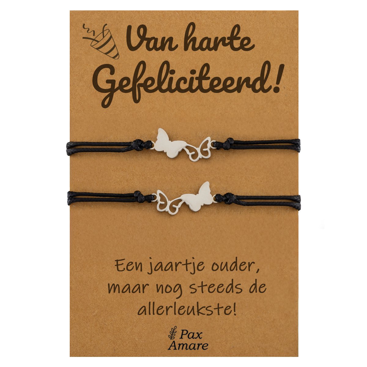 Vriendschapsarmbandjes voor 2 "Van Harte Gefeliciteerd" - Vlinders - BFF Armbandjes met Verjaardags Cadeau Kaartje - Zilverkleurig - Elastisch Verstelbaar - Pax Amare