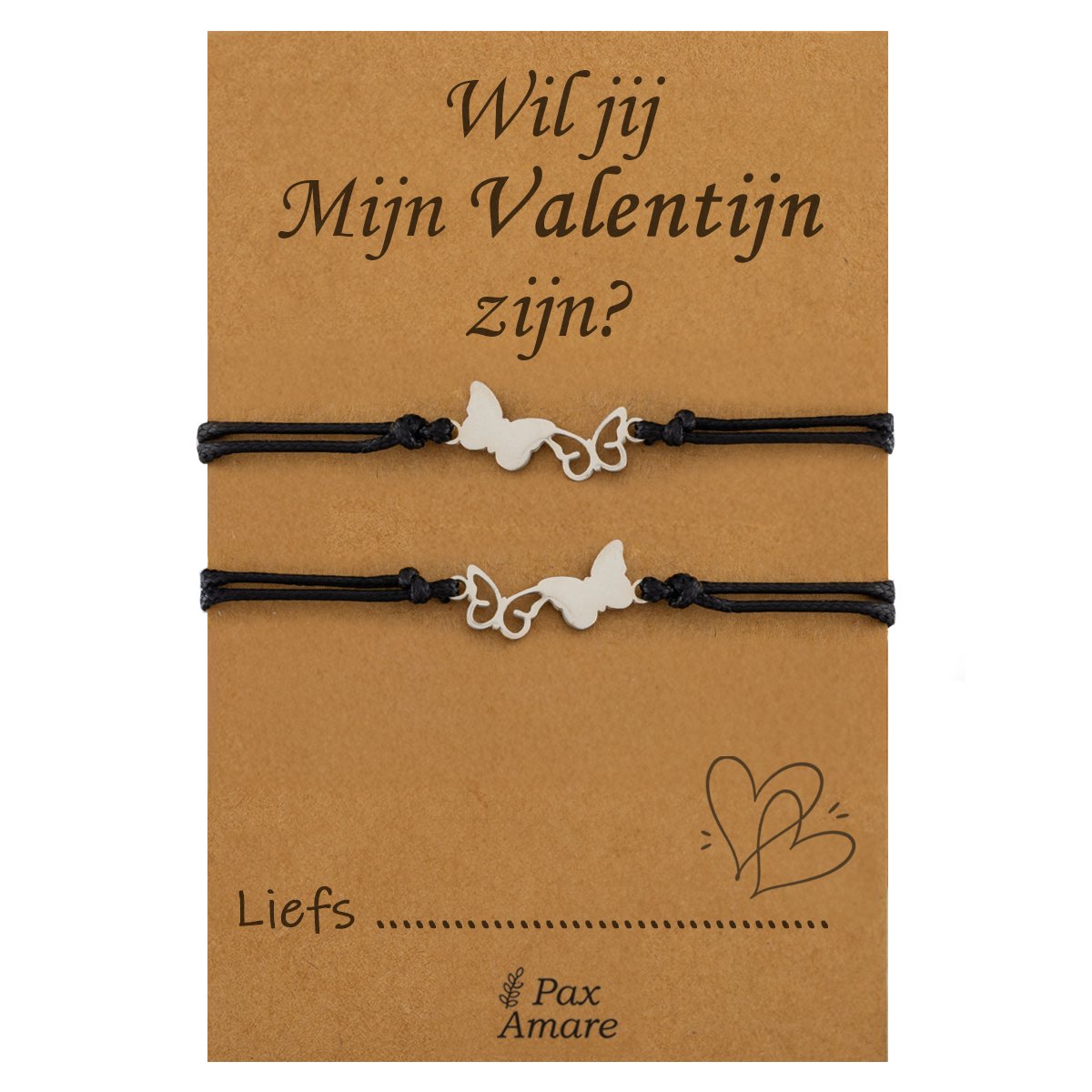 Koppel Armbandjes voor 2 "Wil jij mijn Valentijn Zijn?" - Vlinders - Vriendschapsarmbandjes met Persoonlijk Cadeau Kaartje - Zilverkleurig - Elastisch Verstelbaar - Pax Amare