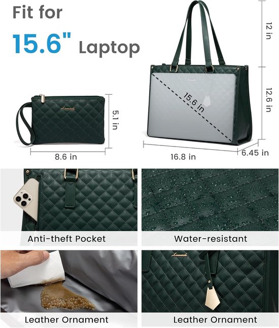 Lunch Tas, 2-in-1 Lunch Tas Handtas Combinatie, 15,6-inch Handtas Met Geïsoleerde Lunch Kamer, Lunch Tas, Vrouwen Koeltas, School Kantoor Isolatie Tas (groen) van Tiblue — afbeelding 4