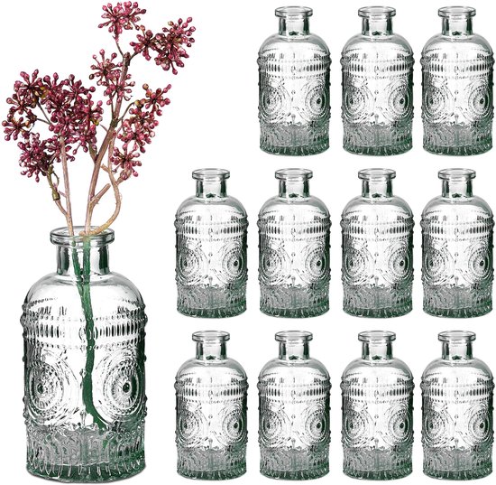 Mini vaasjes - set van 12 - 13 cm hoog - glas - transparant