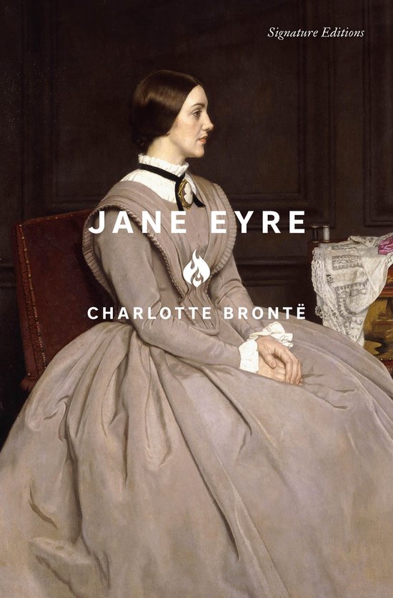 Couverture du livre 'Jane Eyre' par Charlotte Brontë, avec une peinture d'une femme en robe grise.