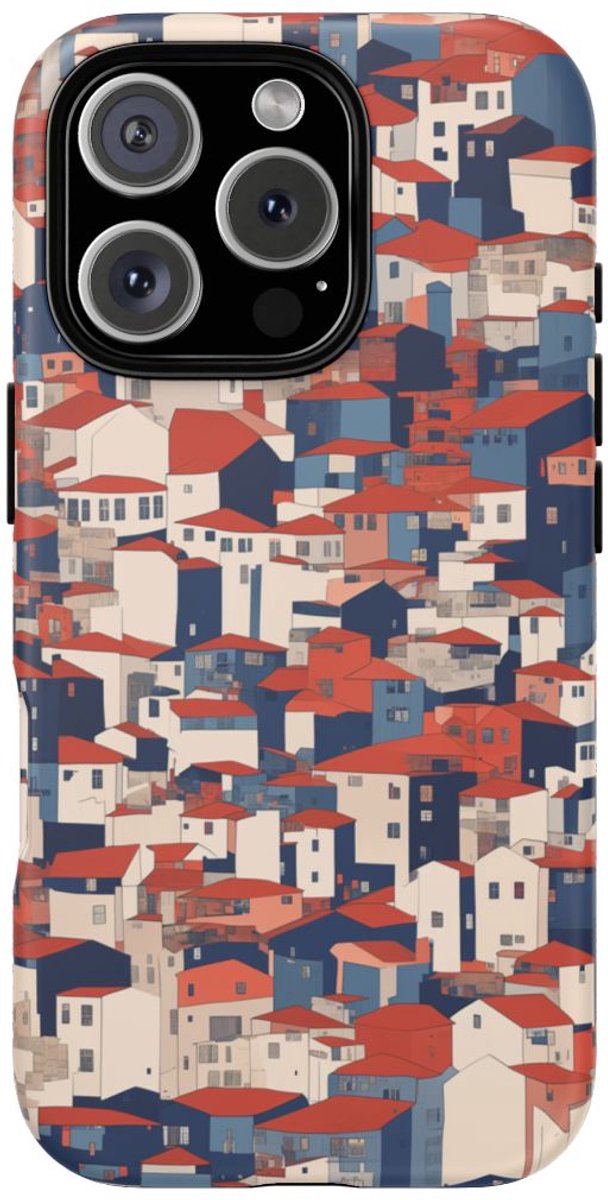 Stedelijk Huizenpatroon met Rode Daken – Telefoonhoesje Geschikt voor iPhone 16 Pro