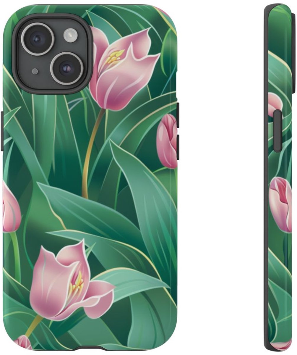 Roze Tulp Bloemenpatroon – Telefoonhoesje Geschikt voor iPhone 15