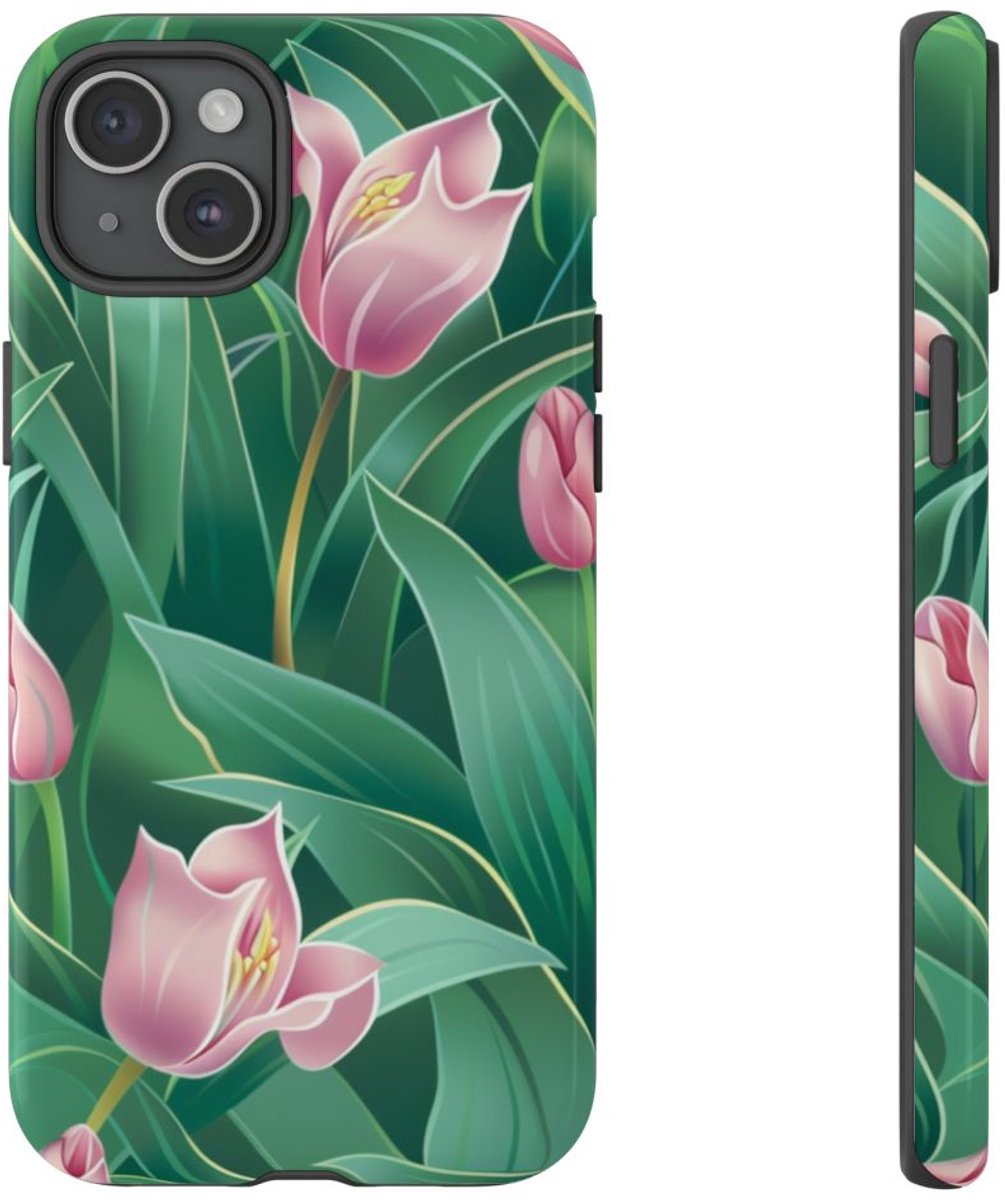 Roze Tulp Bloemenpatroon – Telefoonhoesje Geschikt voor iPhone 15 Plus