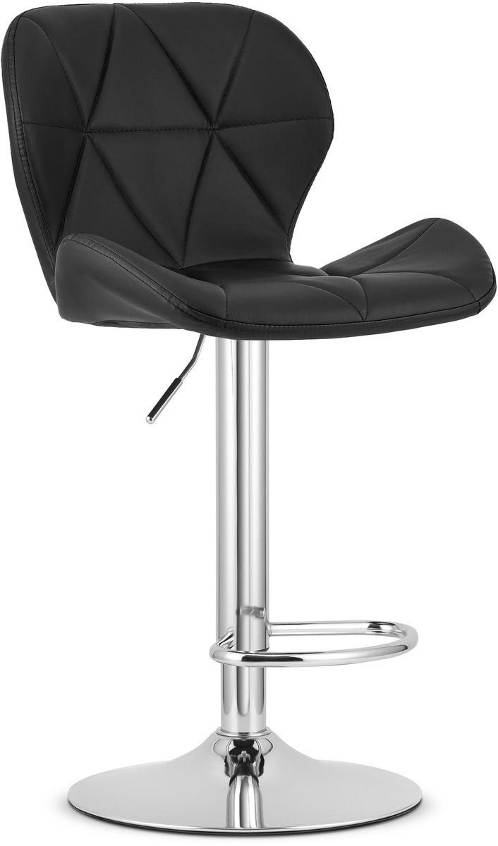 LEOBERT Barkruk WEST – Kunstleer Zwart, Chromen Basis, Rugleuning, Verstelbare Hoogte, 360° Draaibaar, Comfortabele Voetsteun, Antislip Onderstel, Modern Design, Max. 110 kg zwart / chromen