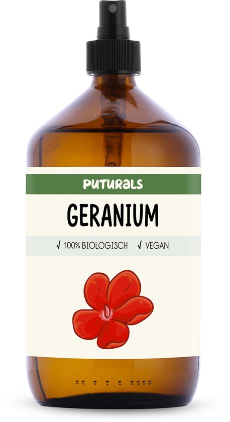 Bruine glazen fles met zwarte verstuiver, etiket met "PUTURALS GERANIUM", rode geraniumbloem en tekst "100% BIOLOGISCH VEGAN".