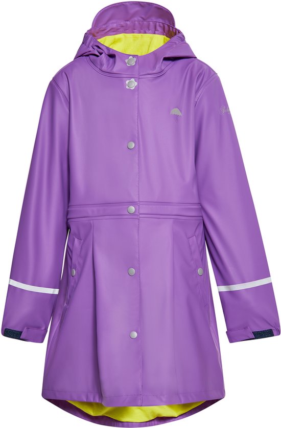 Paarse regenjas met capuchon, limegroene voering, reflecterende strepen en paraplulogo van Schmuddelwedda.