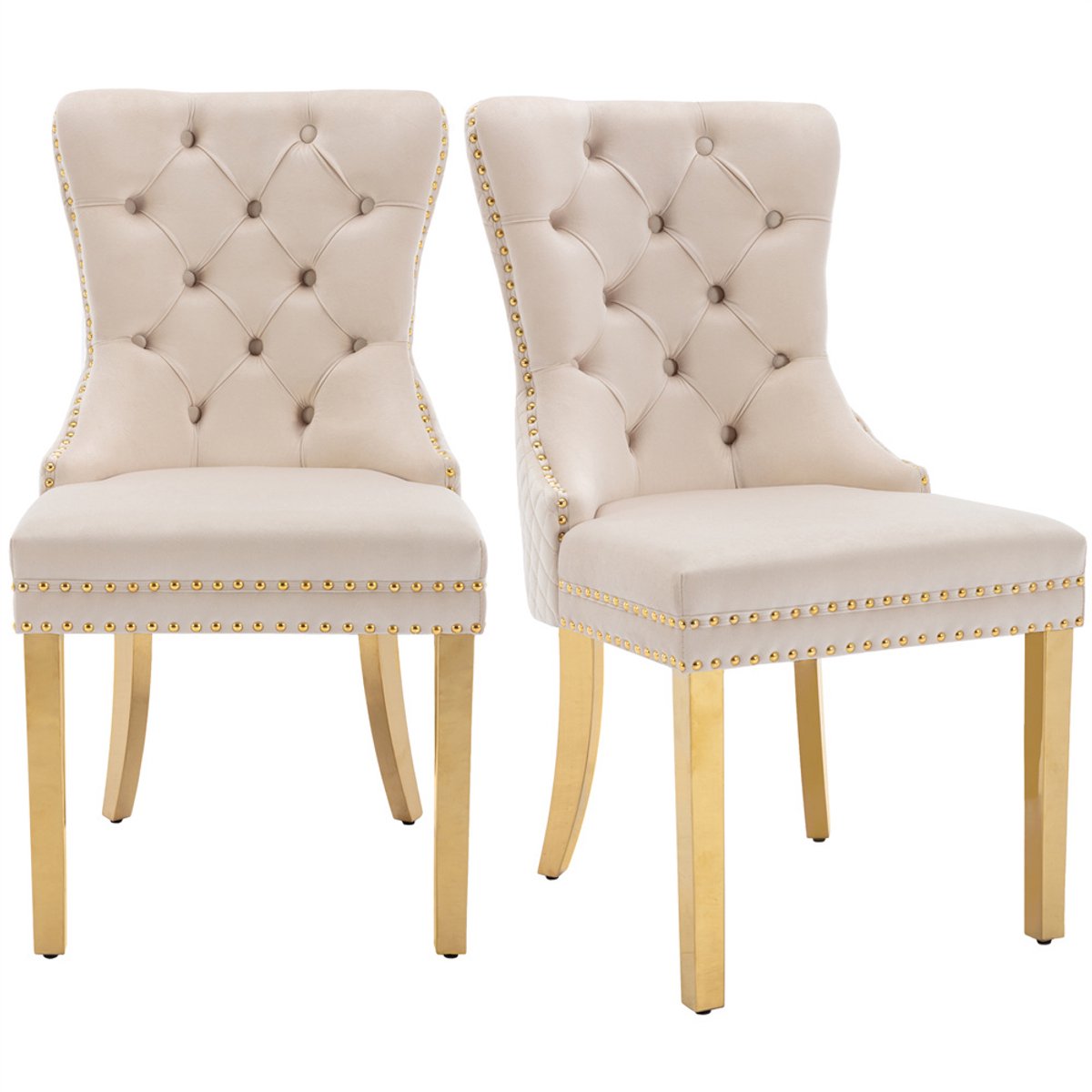 YEHTOKHOME Set van 2 Fluwelen eetkamerstoelen, Keukenstoel woonkamerstoel met deurklopper, Gestoffeerde stoel met klinknagels, Eetkamerstoel in vintage stijl, Gouden metalen poten, Beige, b 51 x d 65.5 x h 95 cm