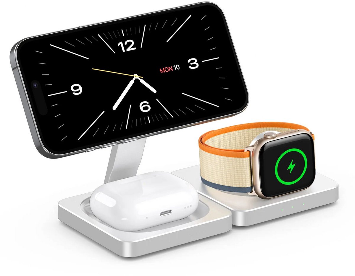 DrPhone ChargePro2 – 3-in-1 Vouwbare Draadloze Oplaadstandaard – MagSafe – Geschikt voor iPhone 17/16/15/14/13/12 – Apple Watch Ultra/10/9/8/7 – AirPods Pro/2/3 – Snelladen – Compact & Reisvriendelijk – Wit