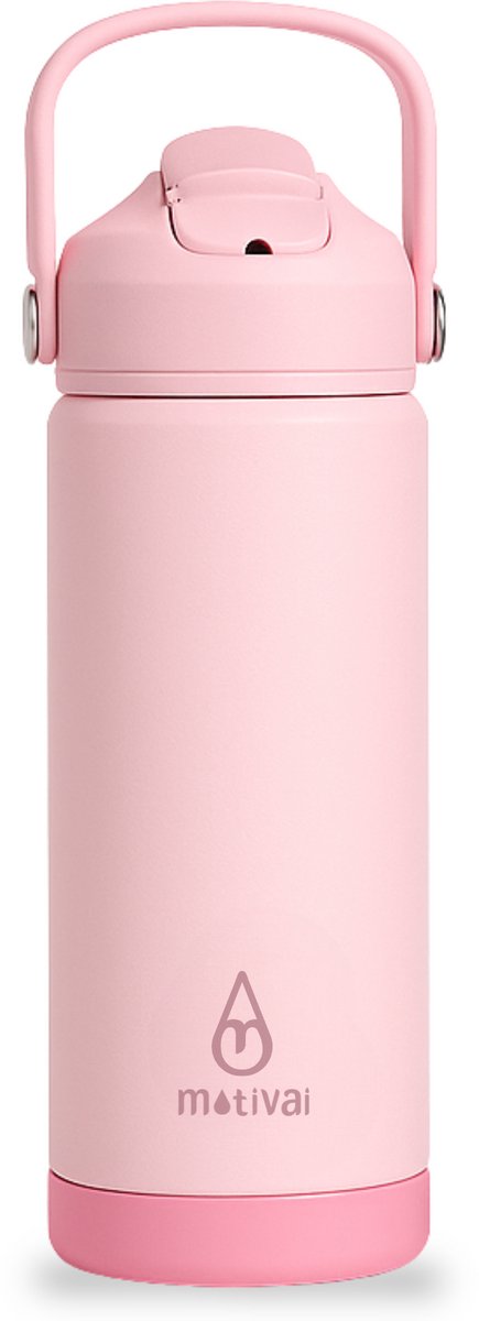 Motivai Safe Sip RVS Drinkfles met Rietje & Schoonmaakborstel – 550ML – 100% Lekvrij & Dubbelwandig – Thermosbeker Waterfles – Roze