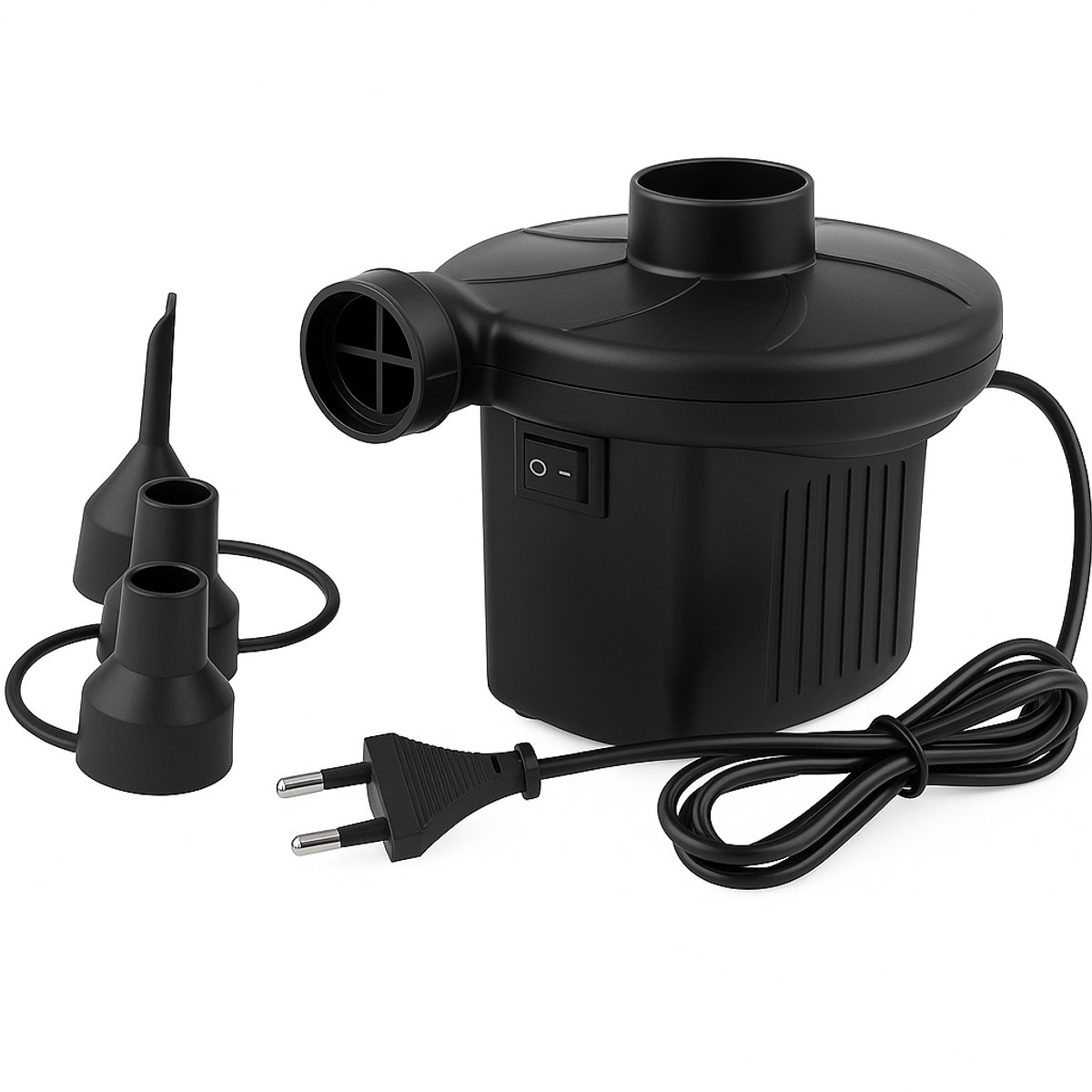 THAR Elektrische Luchtpomp 150 W – EU Stekker – Met 3 Opzetstukken – Snel Opblazen & Leegzuigen – Voor Luchtbedden, Zwembanden, Speelgoed & Vacuumzakken – Compact & Lichtgewicht