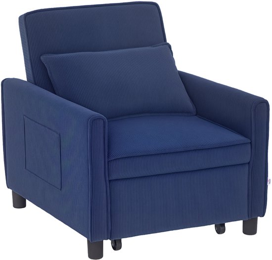 Fauteuil-lit 3 en 1 HOMCOM, lit pliant avec fonction lit, kussen lombaire, chaise longue pliable avec dossier réglable, roulettes, poche latérale, pour salon, cordon, bleu