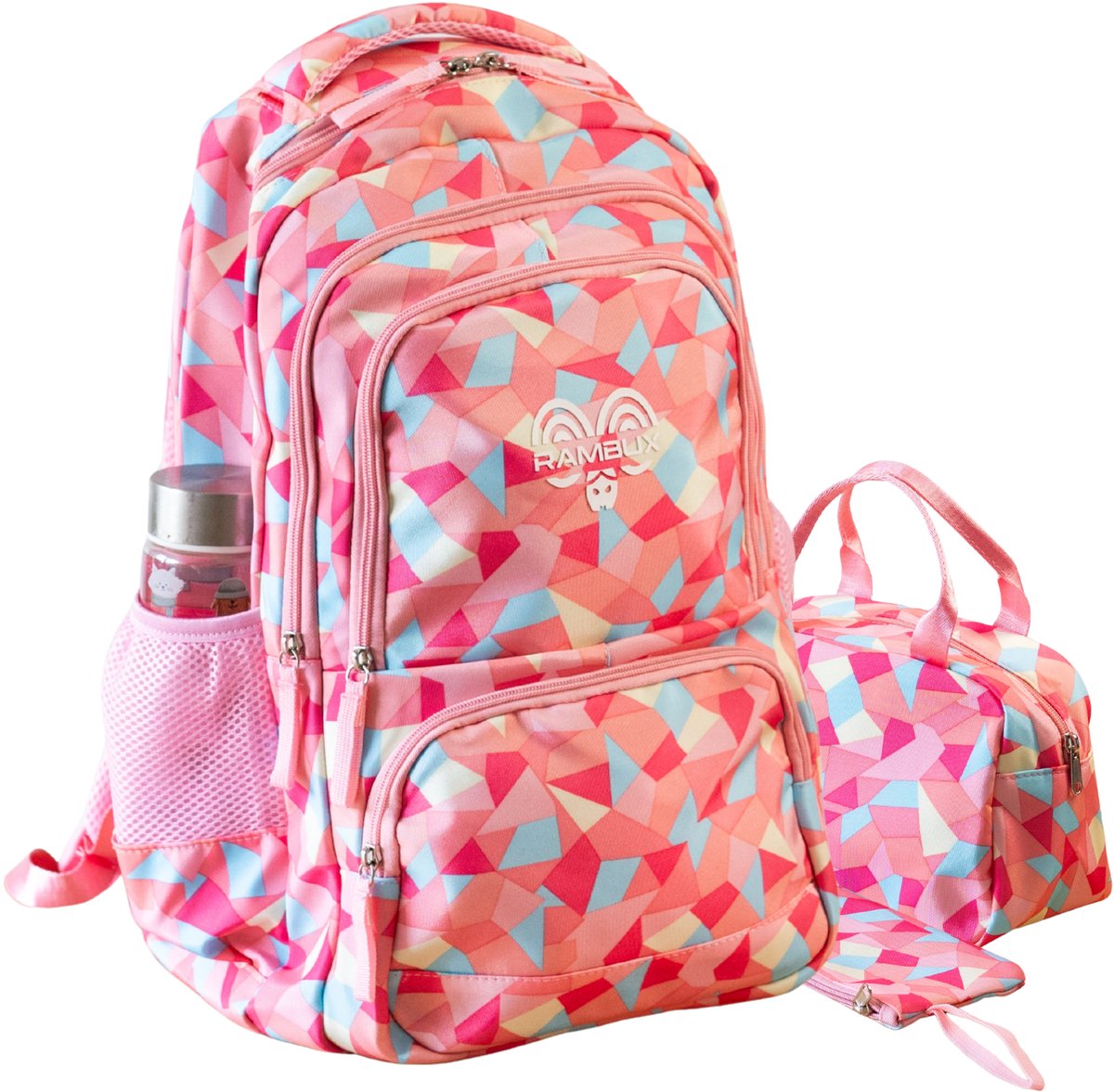RAMBUX® Schooltas Rugzak Set 3-delig - 35L - Laptopvak 17,3 Inch - Boekentas Laptoptas School - Roze