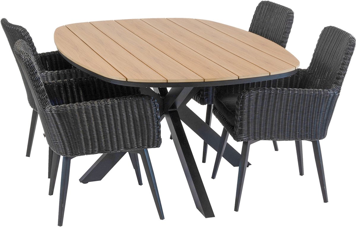 5-delige tuinset | 4 Pisa tuinstoelen (Black) | Tuintafel Cadiz 180x115cm (Black)