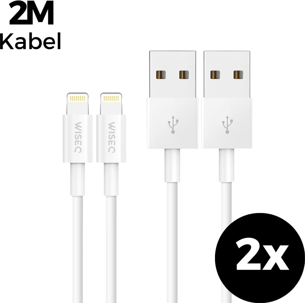 2x WISEQ iPhone Oplaadkabel - 2M USB Lightning Kabel - Snellader - Wit