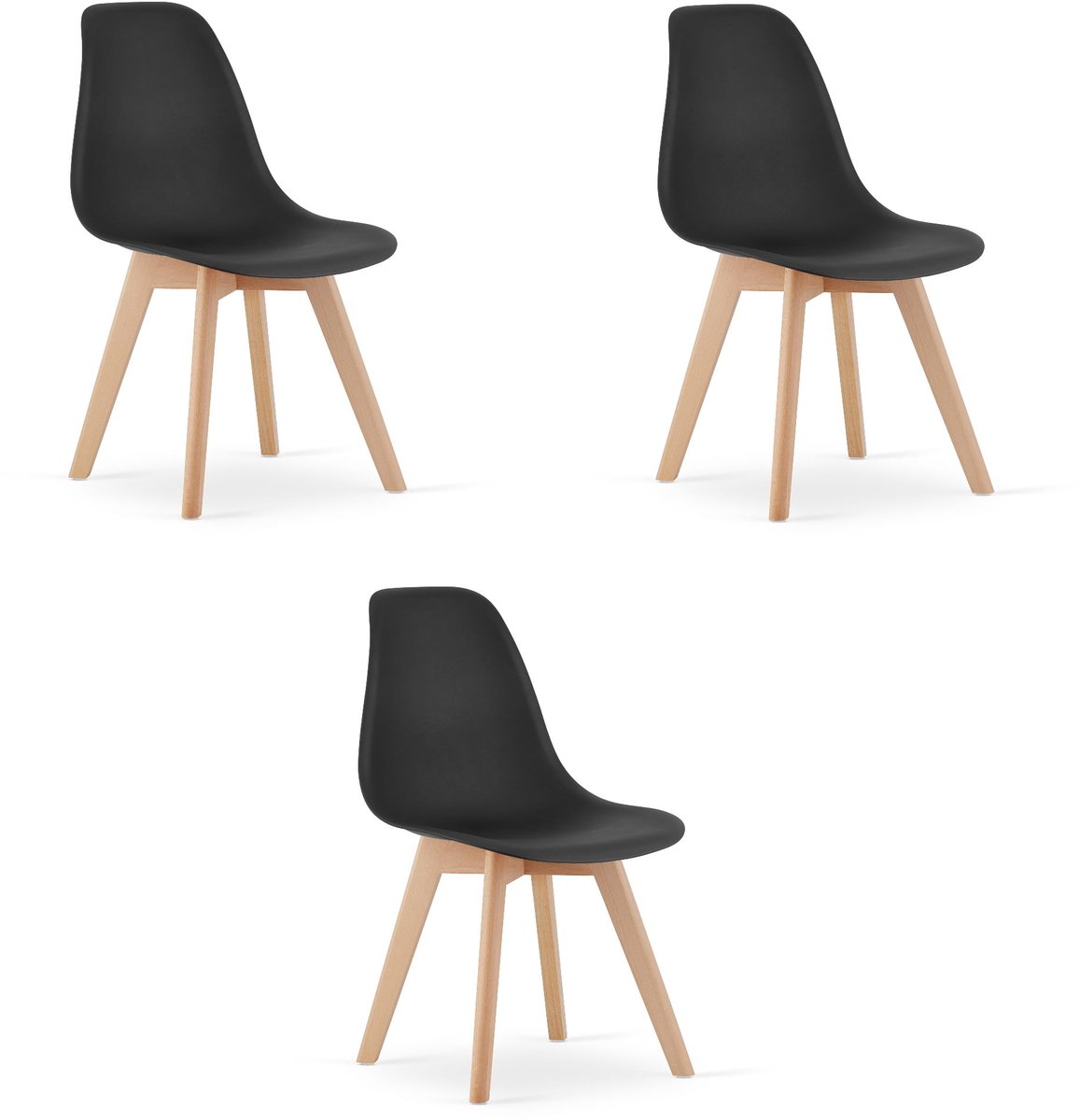 Set van 3 Eetkamerstoelen KITO – Zwart – Beuken Poten – Kuipstoel met Kunststof Zitting – Tijdloos Design, Functioneel en Duurzaam, Geschikt voor Woonkamer, Eetkamer en Kantoor