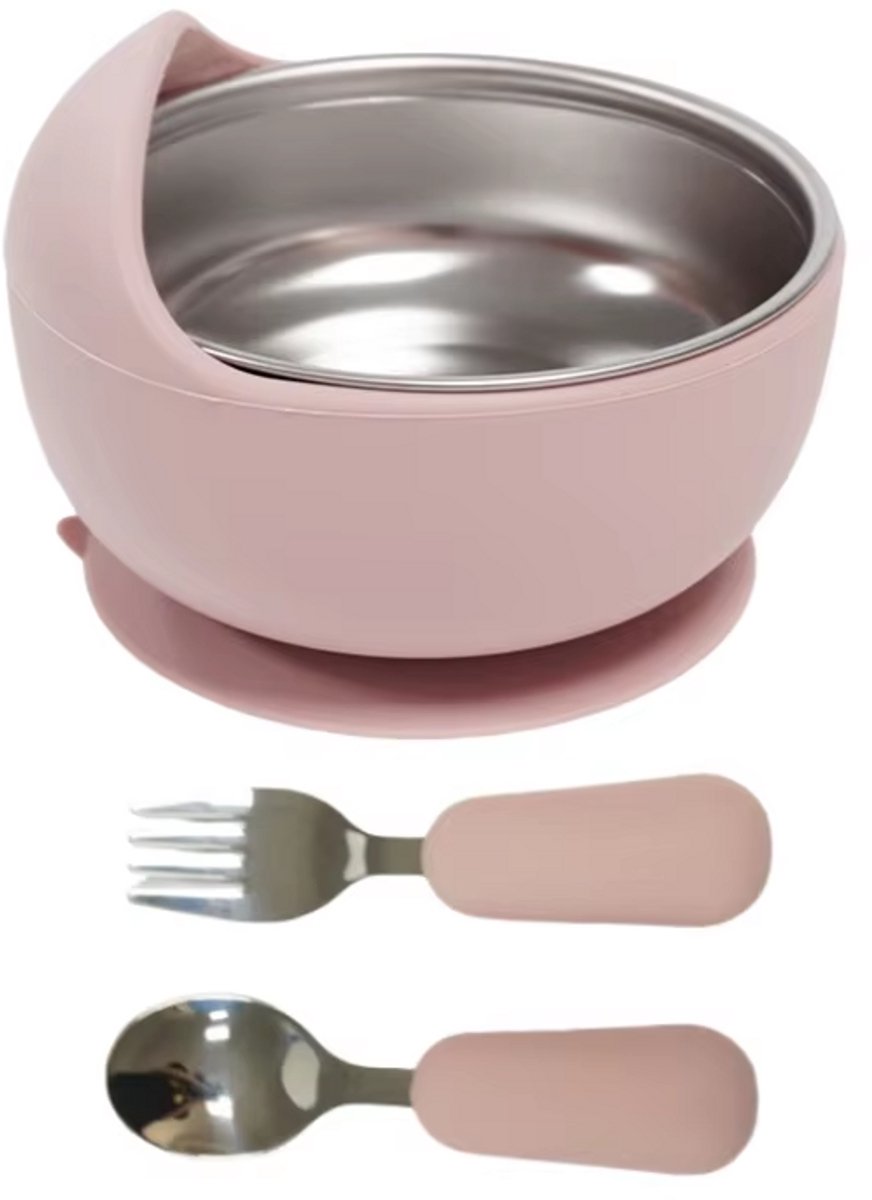 Baby Eerste Eetset met Zuignap – Uitneembare RVS Kom & Vaatwasbestendig + Lepel & Vork – Veilig & BPA-vrij – Roze