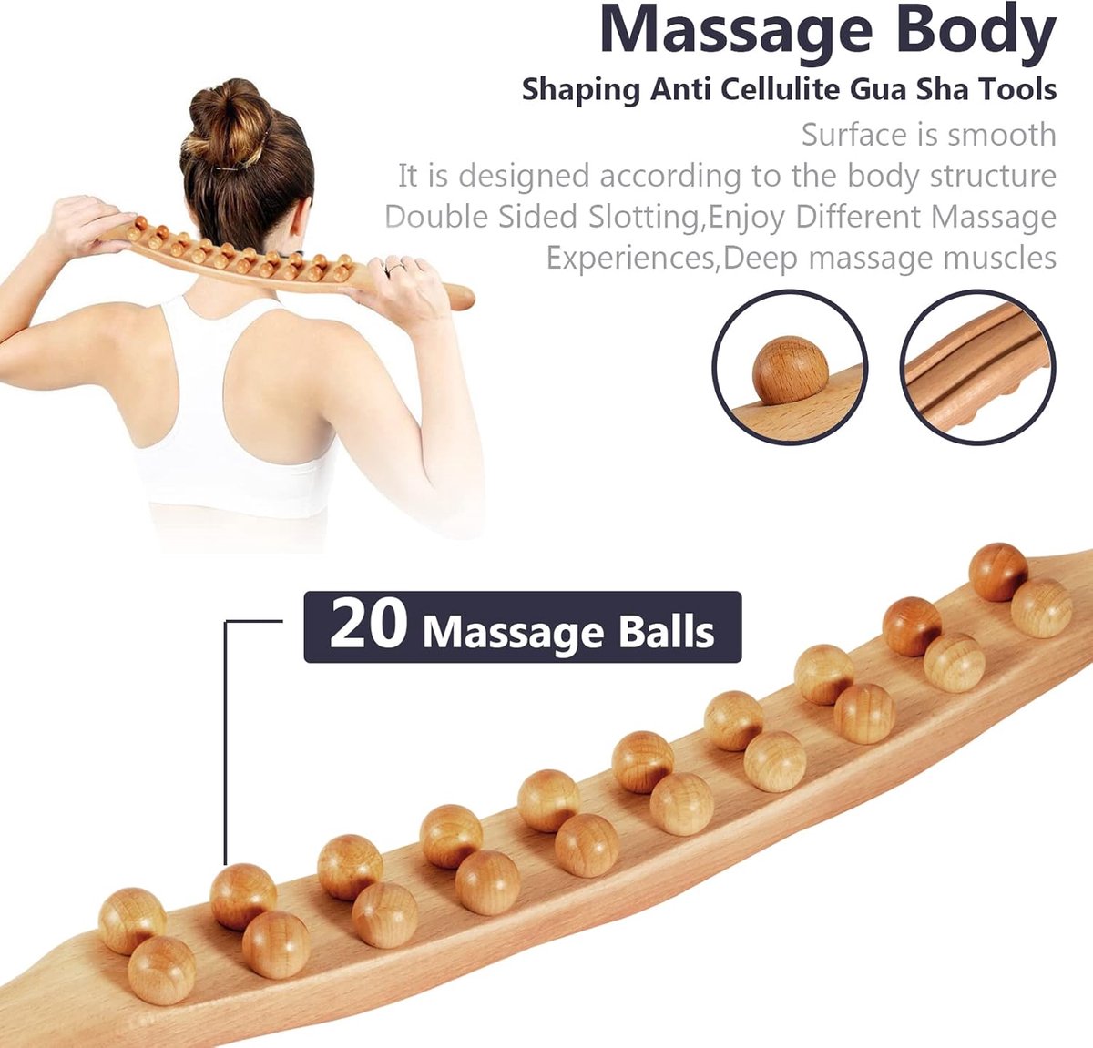 RugMassage - Massage Apparaat - Rug/Nek/Schouder/Buik/Taille/Armen/Benen - Massage Stok Hout - Houten Massage Stok - Massage Stok Hout XL - 20 Massage Ballen - Gua Sha Massage Tool - 1 Stuk - Bruin Hout - Gua Sha Massage Stick thumbnail 5