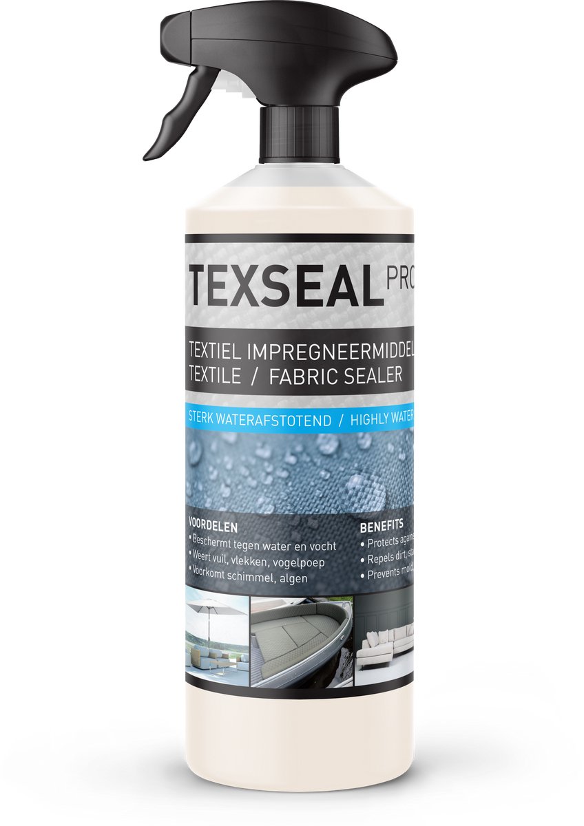 Texseal Pro - Waterafstotende Impregneerspray voor Textiel, Tent, Tuinkussen, Buiskap, Jas, Schoenen, Meubelstof - 100% Waterdicht impregneren - 1L / 6m²