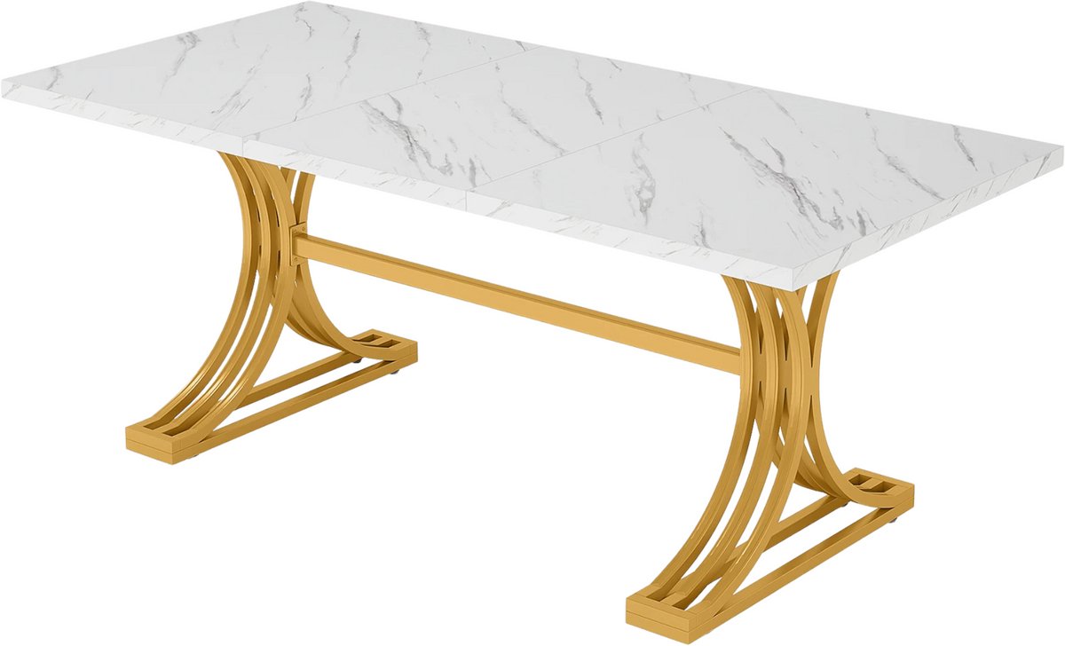 Happiq Moderne eetkamertafel Opulence - Woonkamer -Marmerlook Blad - 160cm Wit