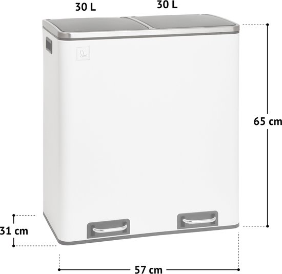 Witte SVITA afvalbak met afmetingen: 57 cm breed, 65 cm hoog en 31 cm diep, 2x30L inhoud.