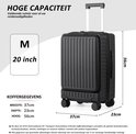 Zwarte koffer, M, 20 inch, hoogte 56cm, breedte 37cm, diepte 23cm.