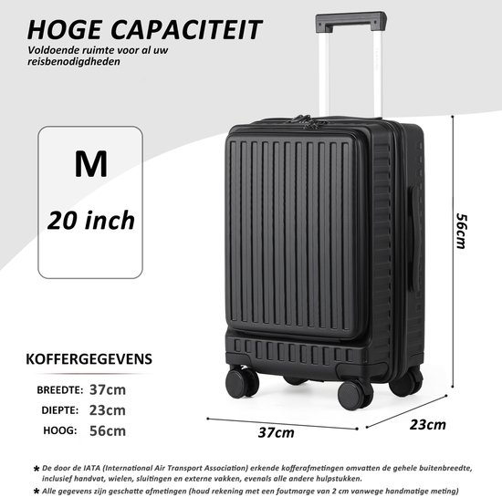 Zwarte koffer, M, 20 inch, hoogte 56cm, breedte 37cm, diepte 23cm.