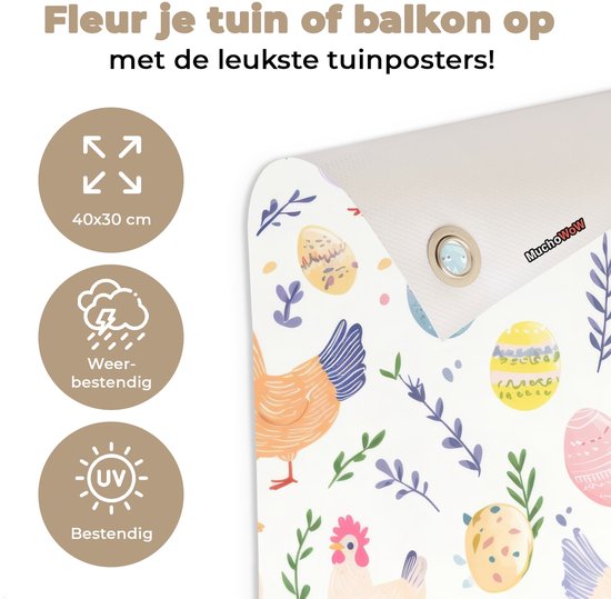 Tuinposter 40x30 cm - Tuindecoratie Patroon - Kip - Paaseieren - Poster voor in de tuin - Buiten decoratie - Schutting tuinschilderij - Tuindoek muurdecoratie - Wanddecoratie balkondoek - Pasen - Paasdecoratie - Paas versiering
