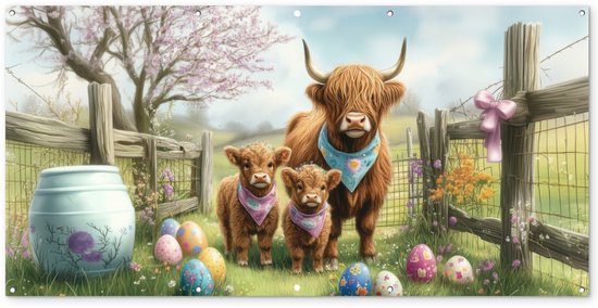 Tuinposter 200x100 cm - Tuindecoratie Schotsehooglanders - Paaseieren - Lente - Poster voor in de tuin - Buiten decoratie - Schutting tuinschilderij - Tuindoek muurdecoratie - Wanddecoratie balkondoek - Pasen - Paasdecoratie - Paas versiering