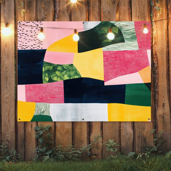 Affiche de jardin 160x120 cm - Décoration de jardin Abstrait - Rose - Patchs - Formes - Jaune - Affiche pour le jardin - Décoration extérieure - Tableau de jardin clôture - Décoration murale en tissu de jardin - Décoration murale en tissu de balcon