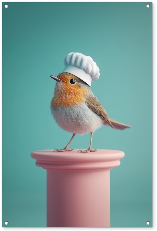 Tuinposter 80x120 cm - Tuindecoratie Roodborstje - Vogel - Koksmuts - Sokkel - Poster voor in de tuin - Buiten decoratie - Schutting tuinschilderij - Tuindoek muurdecoratie - Wanddecoratie balkondoek