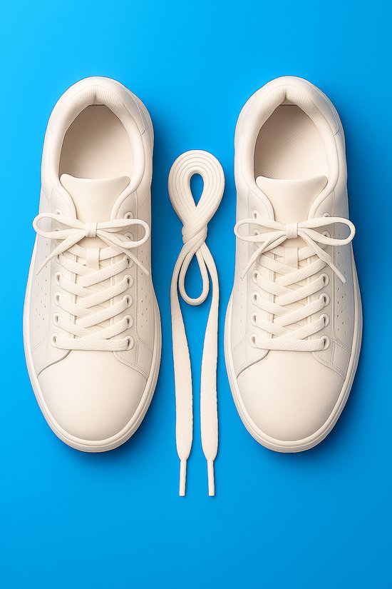 Twee ecru sneakers met veters. Een set ecru platte veters ligt ertussen.