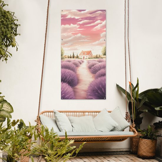 Affiche de jardin 80x160 cm - Décoration de jardin Champ de lavande - Maison - Violet - Affiche pour le jardin - Décoration extérieure - Tableau de jardin clôture - Décoration murale sur toile de jardin - Décoration murale sur toile de balcon