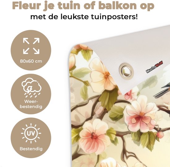 Affiche de jardin 80x60 cm - Décoration de jardin Branches - Fleurs - Oiseaux - Rose - Affiche pour le jardin - Décoration extérieure - Tableau de jardin clôture - Décoration murale sur toile de jardin - Décoration murale sur toile de balcon