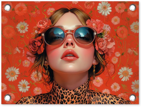 Tuinposter 40x30 cm - Tuindecoratie Vrouw - Kleurrijk - Dierenprint - Bloemen - Poster voor in de tuin - Buiten decoratie - Schutting tuinschilderij - Tuindoek muurdecoratie - Wanddecoratie balkondoek