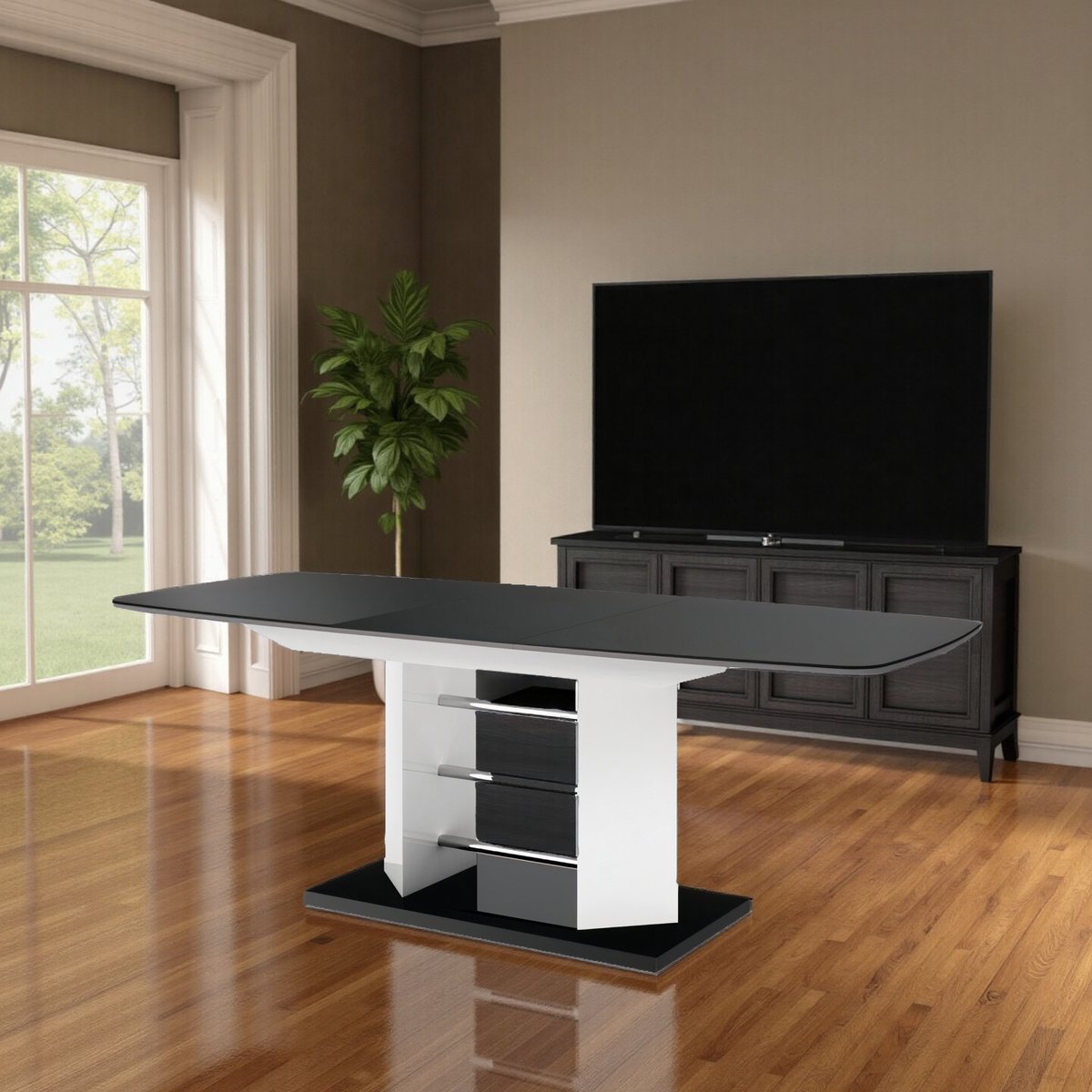 Luxe Uitschuifbare Eettafel Zwart Hoogglans – 160-256 cm – 10 Personen – Moderne Design Eettafel met Verlengbaar Blad en Stevig Onderstel – Rechthoekige Tafel voor Eetkamer & Keuken hometotry