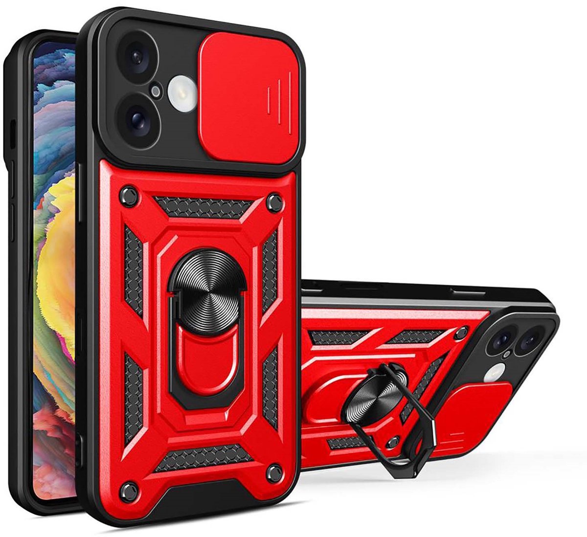 MobyDefend Hoesje - Geschikt voor iPhone 17 - Pantsercase Met Draaibare Ring - Rood