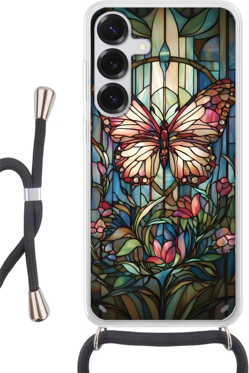 Telefoonhoesje Geschikt voor Samsung Galaxy S25 Plus - Vlinder - Roze - Bloemen - Bladeren - Siliconen - Crossbody - Backcover met Koord - Telefoonhoesje met koord - Hoesje met touw Telefoonhoesje