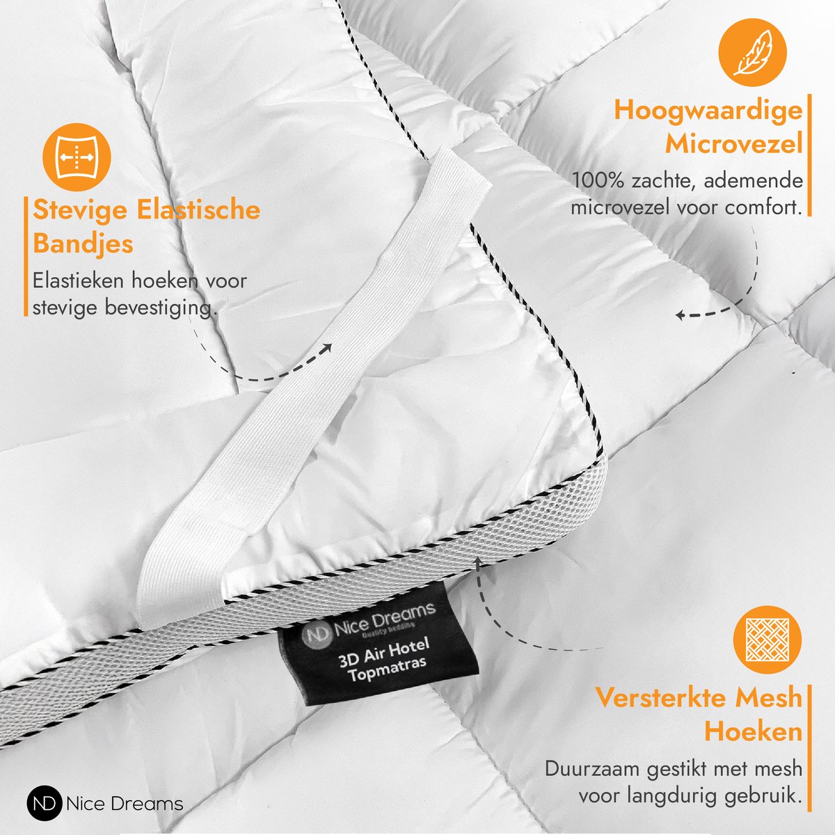 Nice Dreams® Topper 140x200 – Luxe 3D Air Hotel Topmatras – Zachte & Orthopedische Topdekmatras – Wasbaar & Anti-Allergisch – Met Elastische Hoeken – Wit – Tweepersoons thumbnail 3