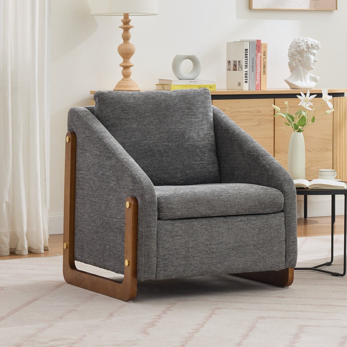 Sweiko Fauteuil - Relaxstoel - Houten frame - Met rugleuningkussen - Grijs